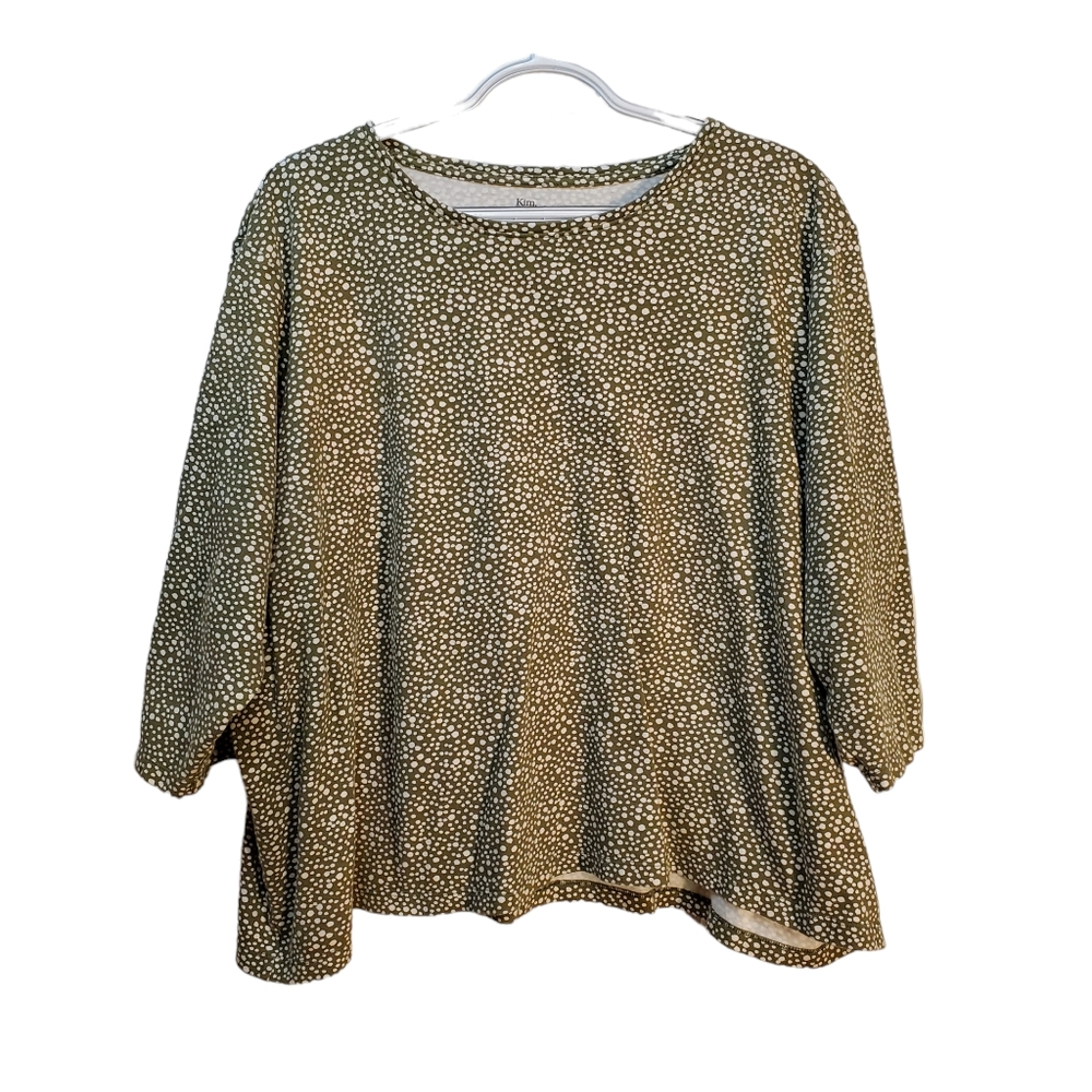Kim Rogers Perfectly Soft Olive & White‎ Dots Top Elbow Sleeves Size 3X